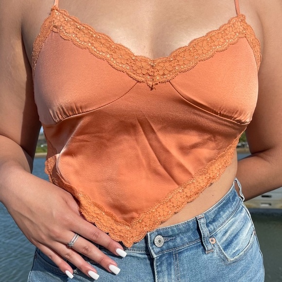 Forever 21 Satin Orange Handkerchief Crop Top | Lace Trim | Size M - Picture 1 of 9